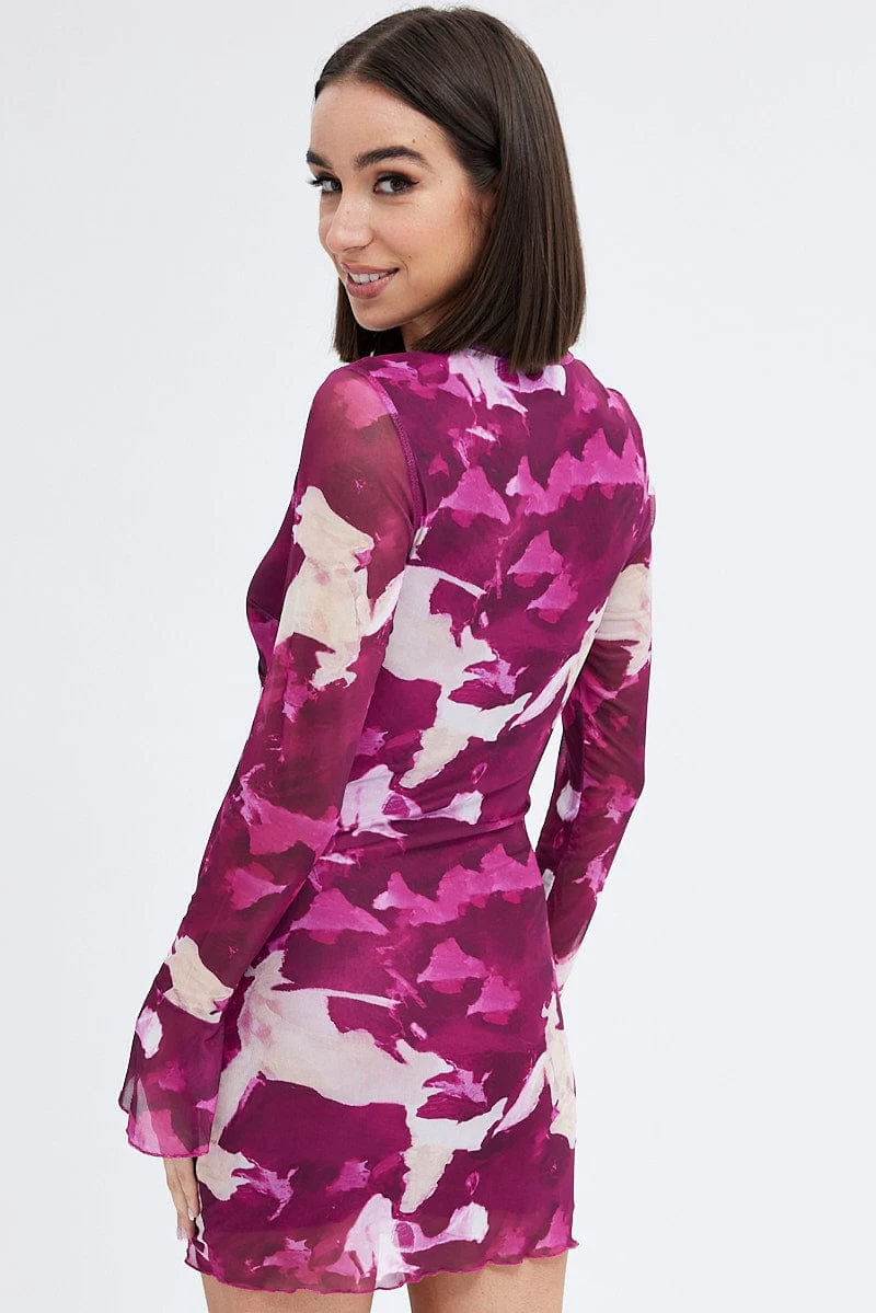 Pink Abstract Mesh Dress Long Sleeve Mini