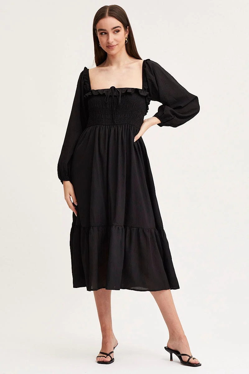 Black Maxi Dress Long Sleeve Square Neck