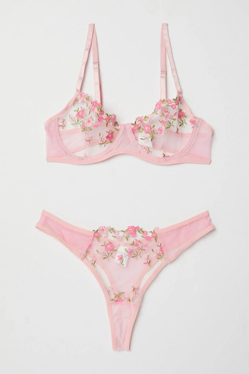 Pink Floral Embroidered Lingerie Set