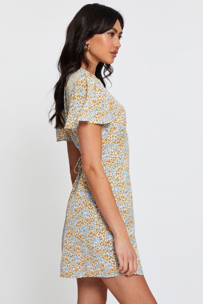 Ditsy Print Skater Dress Short Sleeve Knee Length