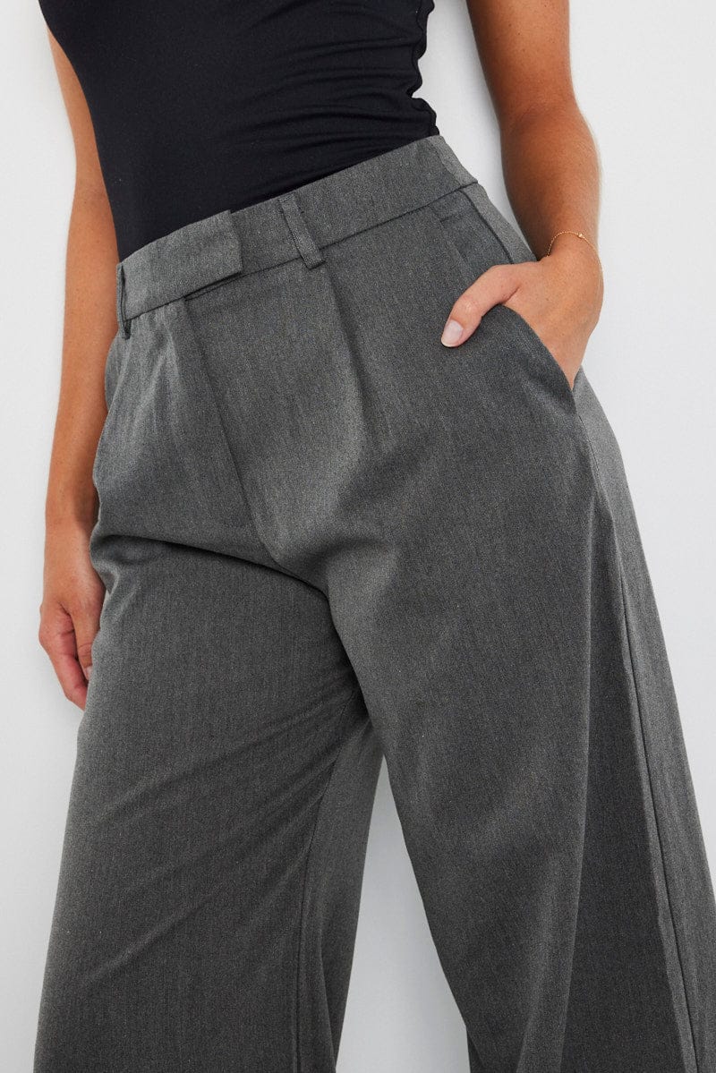 Grey Wide Leg Pants Mid Rise
