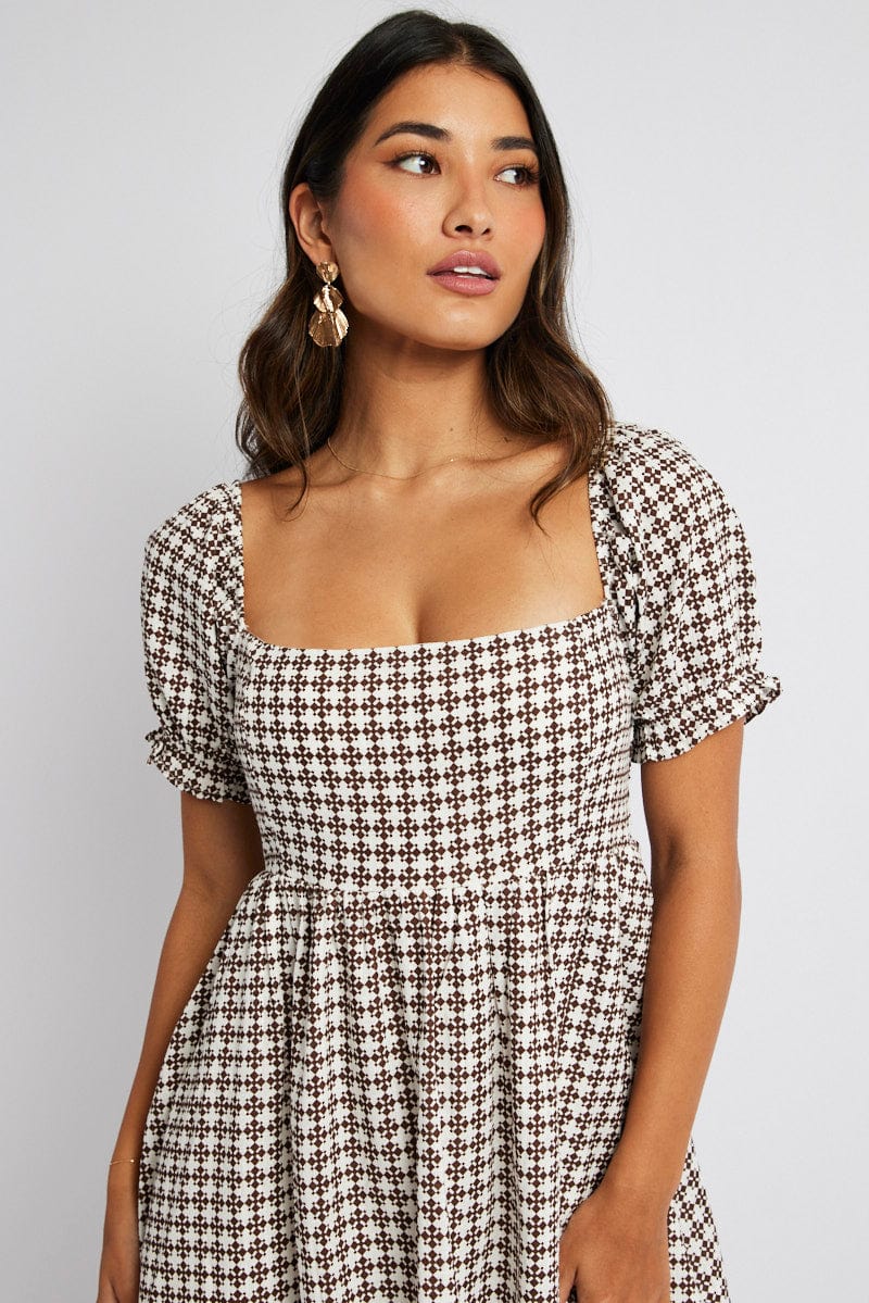 Brown Geo Fit and Flare Dress Short Sleeve