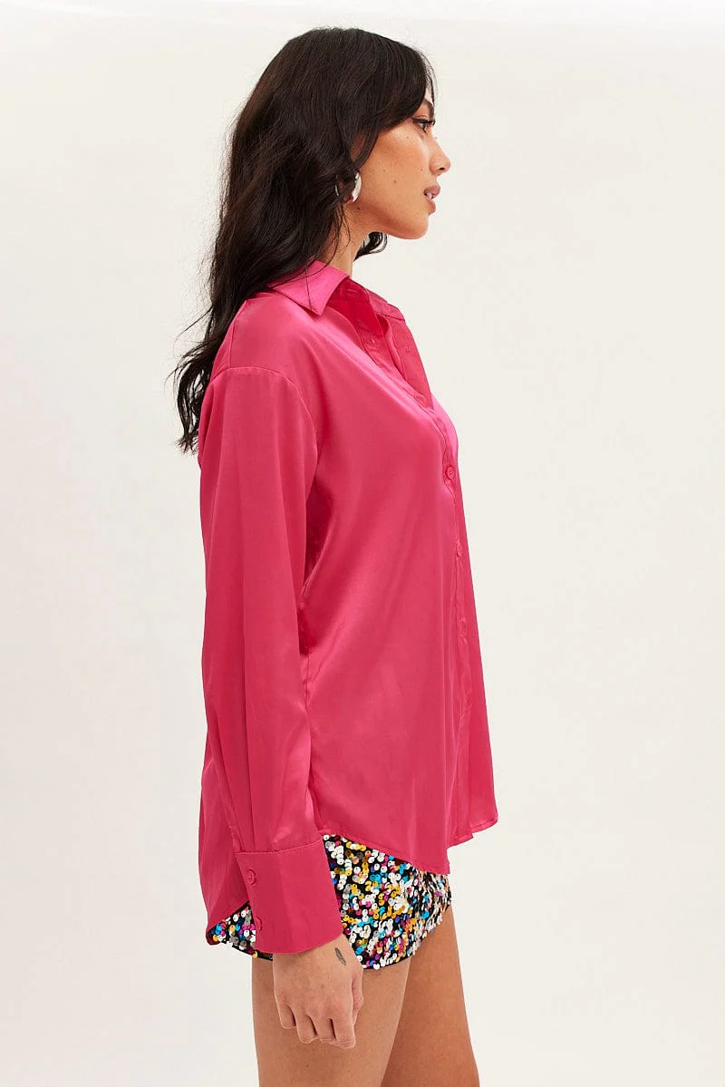 Pink Shirt Long Sleeve Collared Longline Satin