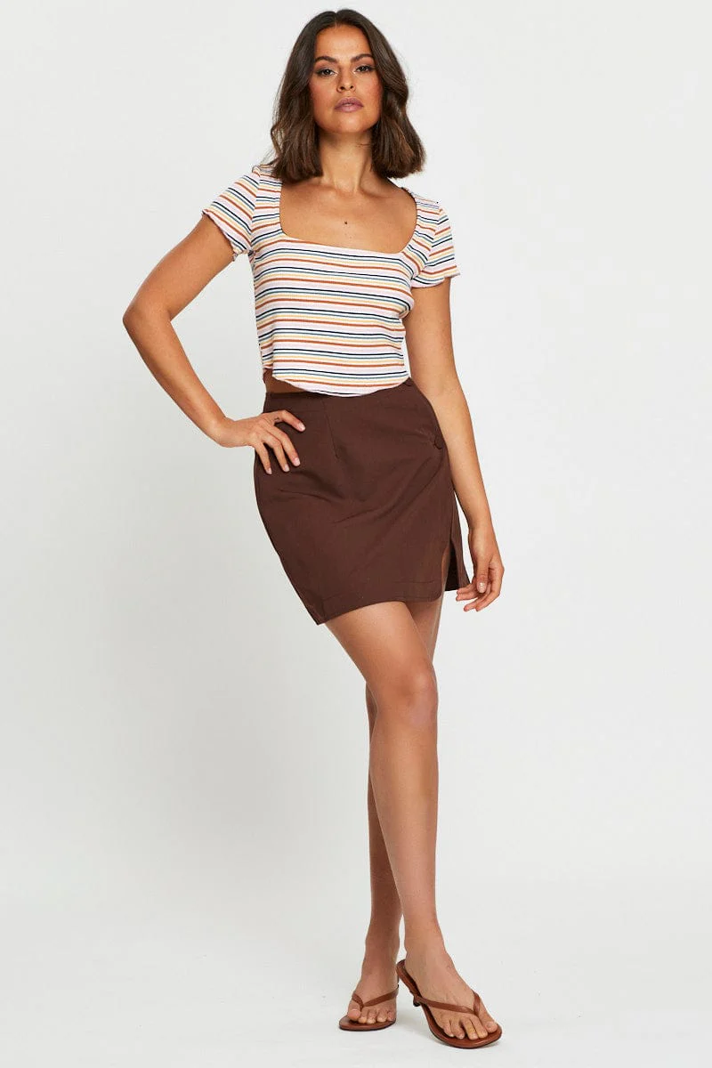 Brown High Waist Linen Front Slit