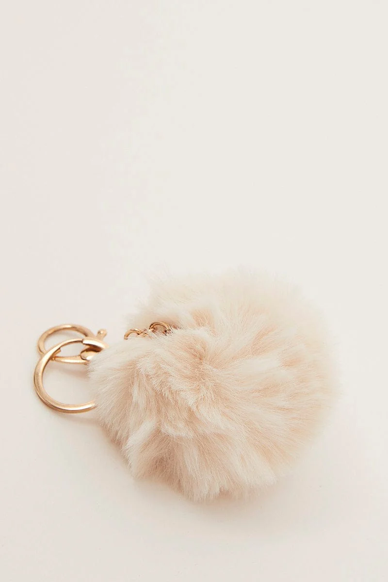 White Faux Fur Pom Pom Key Ring
