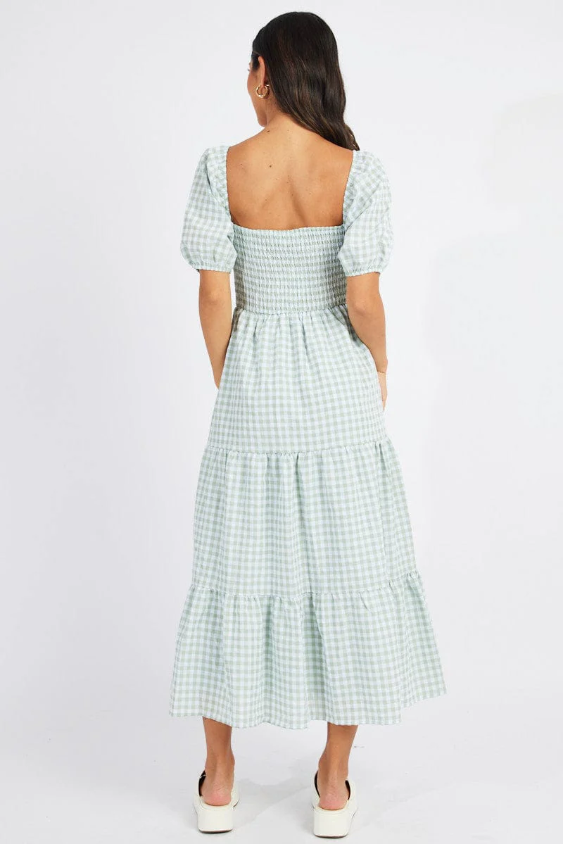Green Check Maxi Dress Short Sleeve Shirred