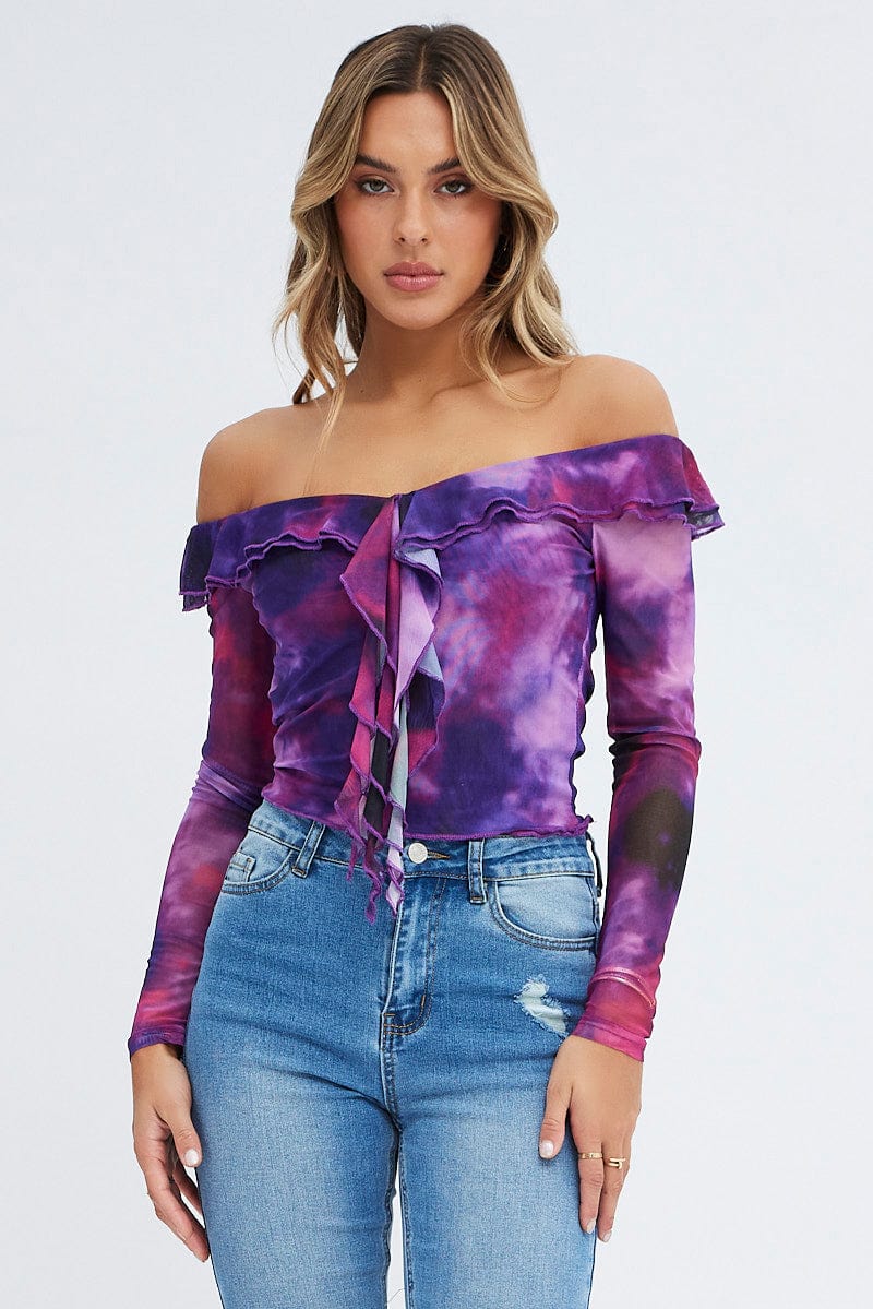 Purple Abstract Mesh Top Long Sleeve Off Shoulder Frill Lined