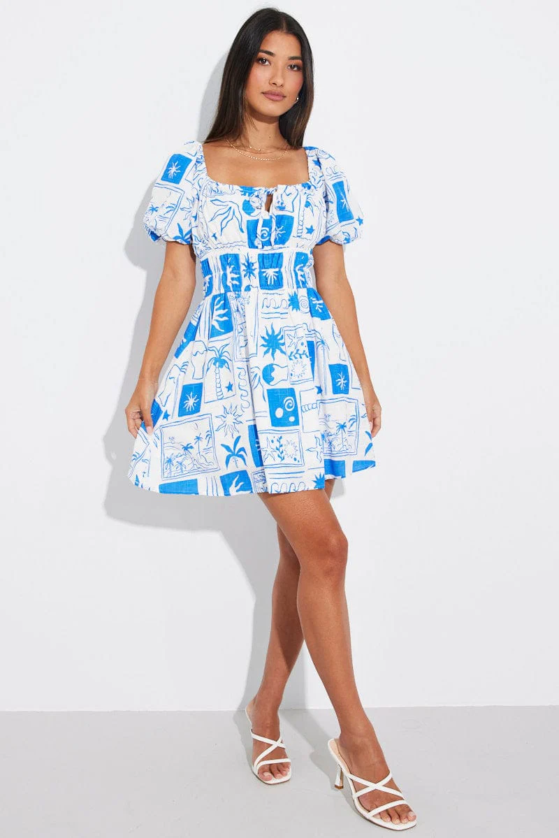 Black Floral Fit And Flare Dress Puff Sleeve Mini