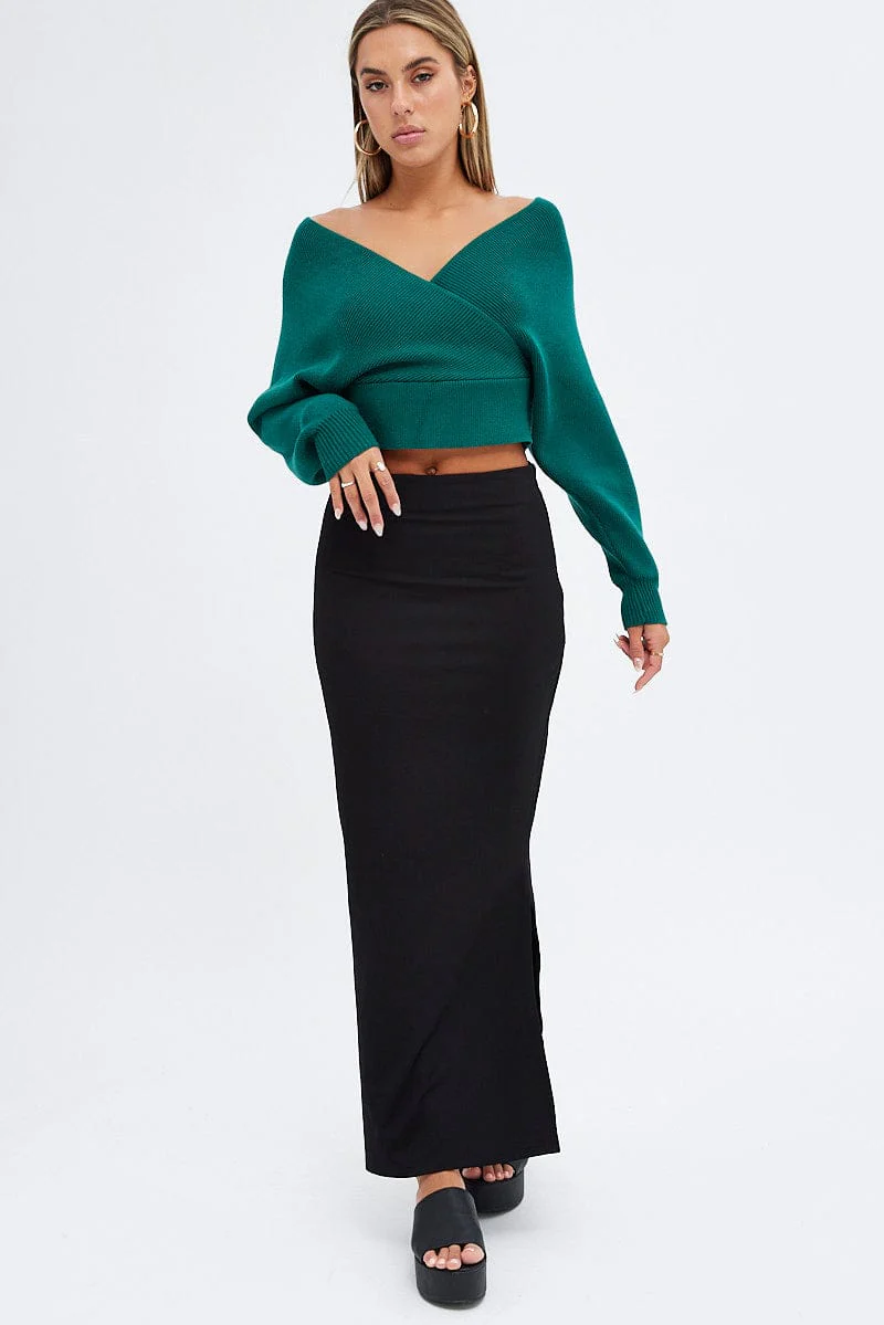 Black Maxi Skirt Low Rise Ponte