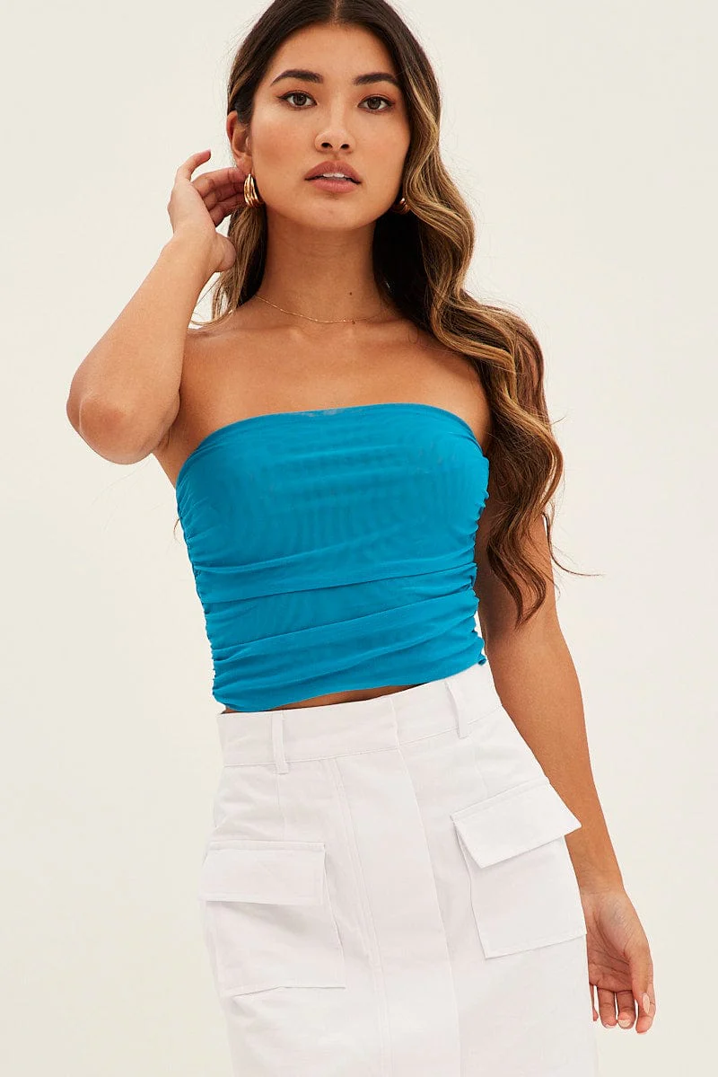 Blue Mesh Bandeau Strapless Ruched Crop