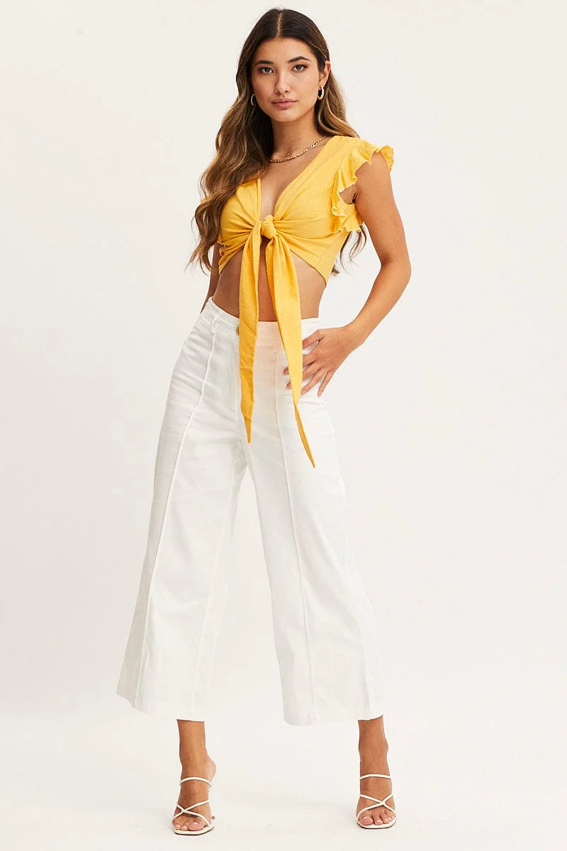 Yellow Crop Top Short Sleeve Tie Front