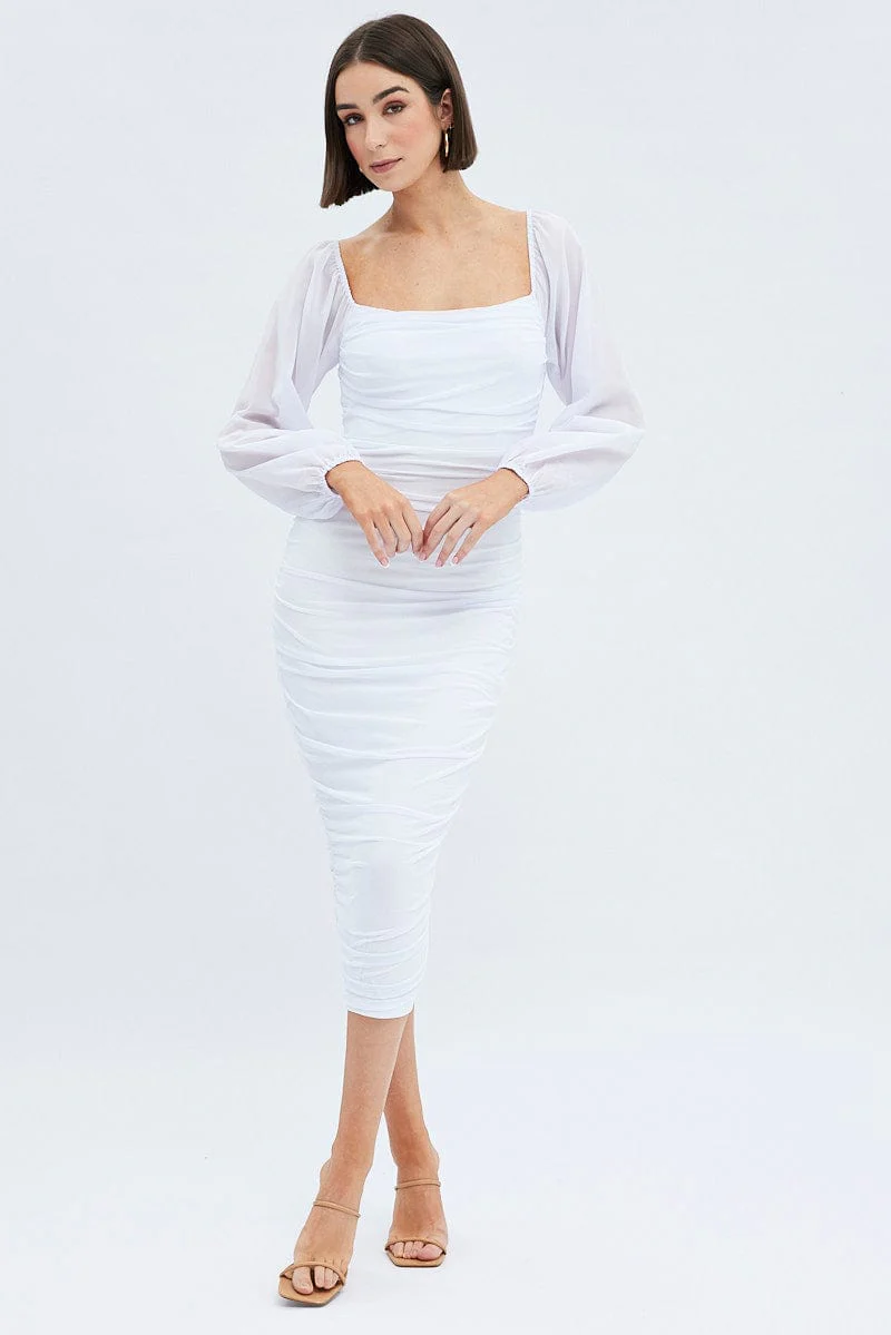 White Midi Dress Long Sleeve Square Neck Ruched Bodycon