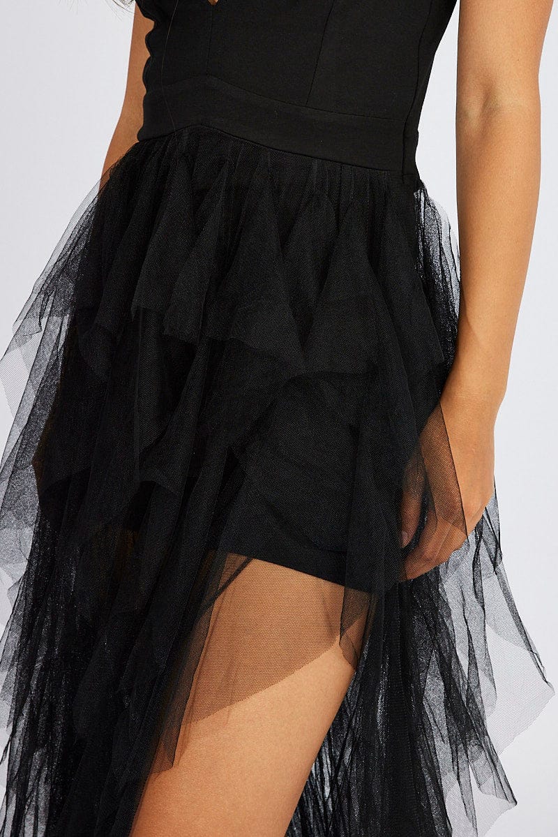 Black Tulle Maxi Dress Tiered Ruffles Plunging Dress