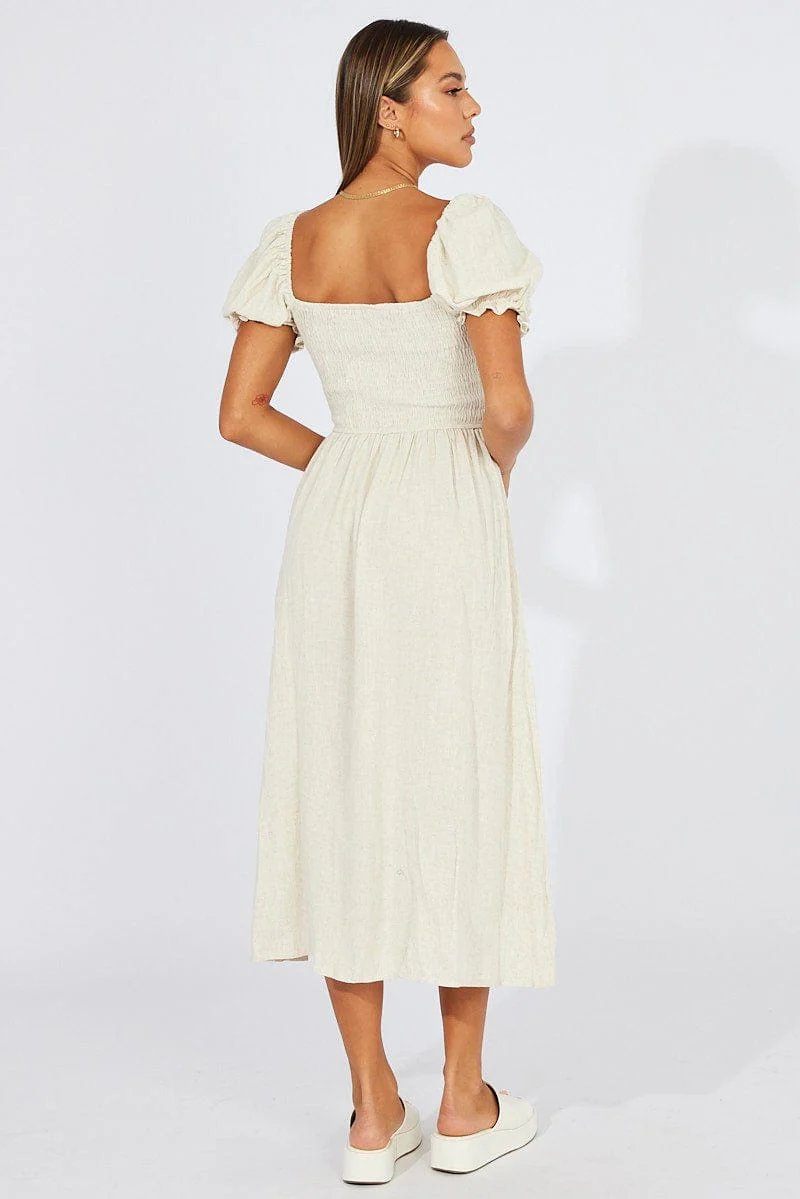 Beige Midi Dress Puff Sleeve Linen Blend