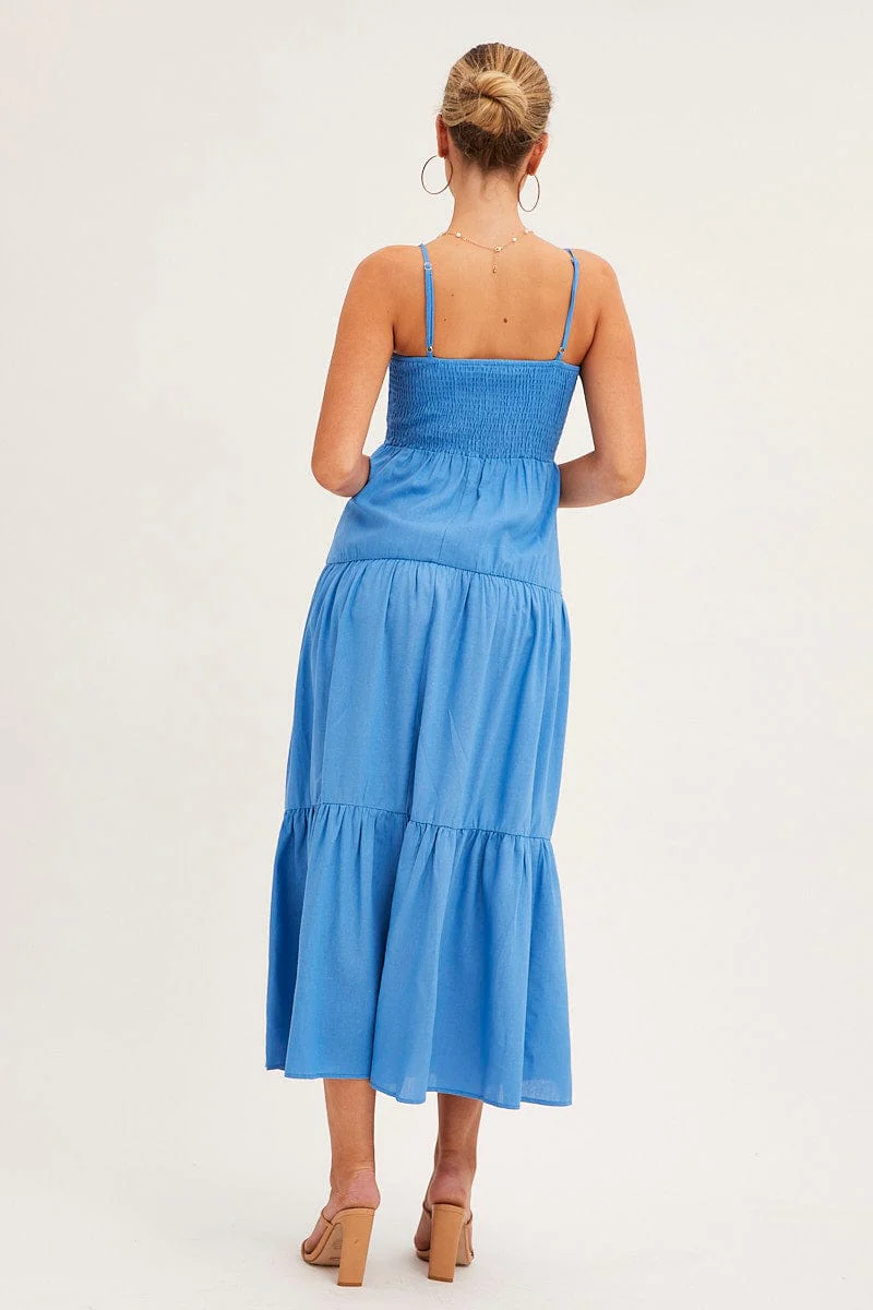 Blue Maxi Dress Sleeveless Square Neck Linen Blend
