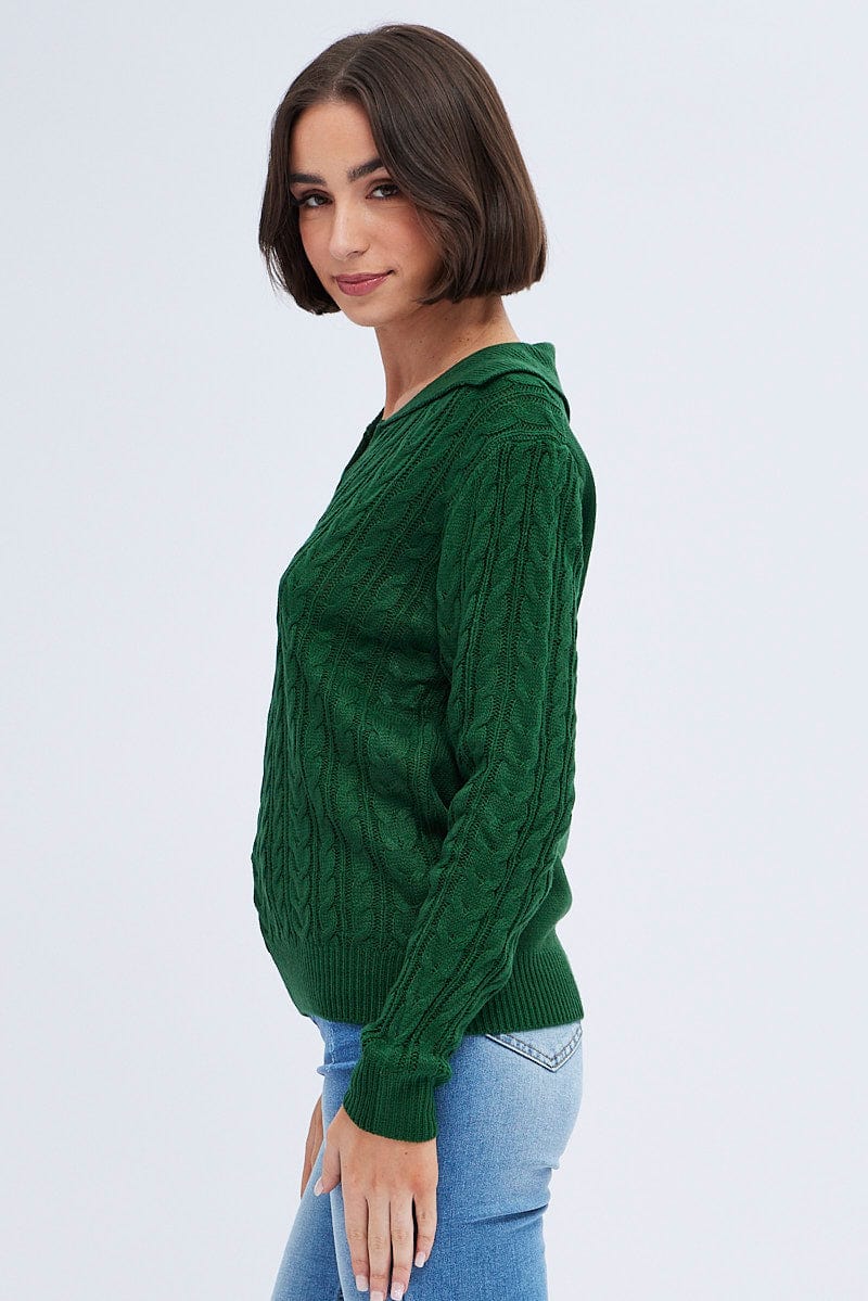 Green Knit Top Long Sleeve Collared Cable