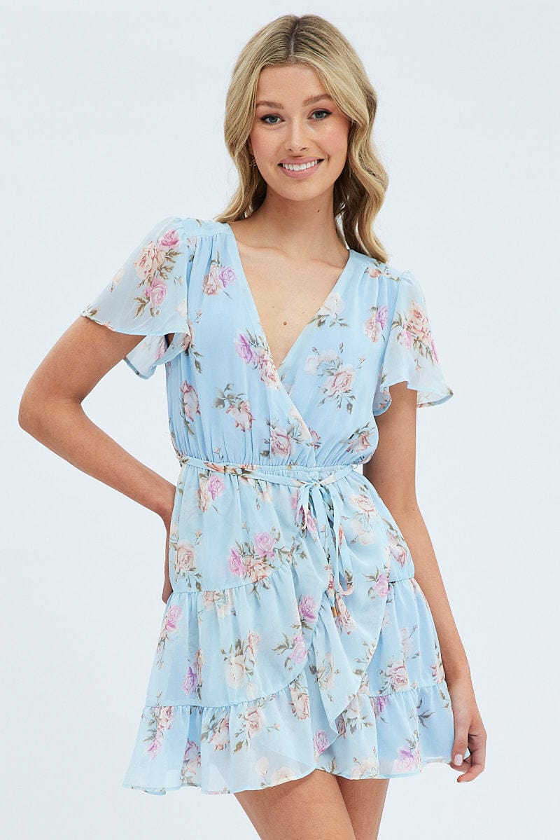 Blue Floral Fit And Flare Dress Short Sleeve Wrap Chiffon