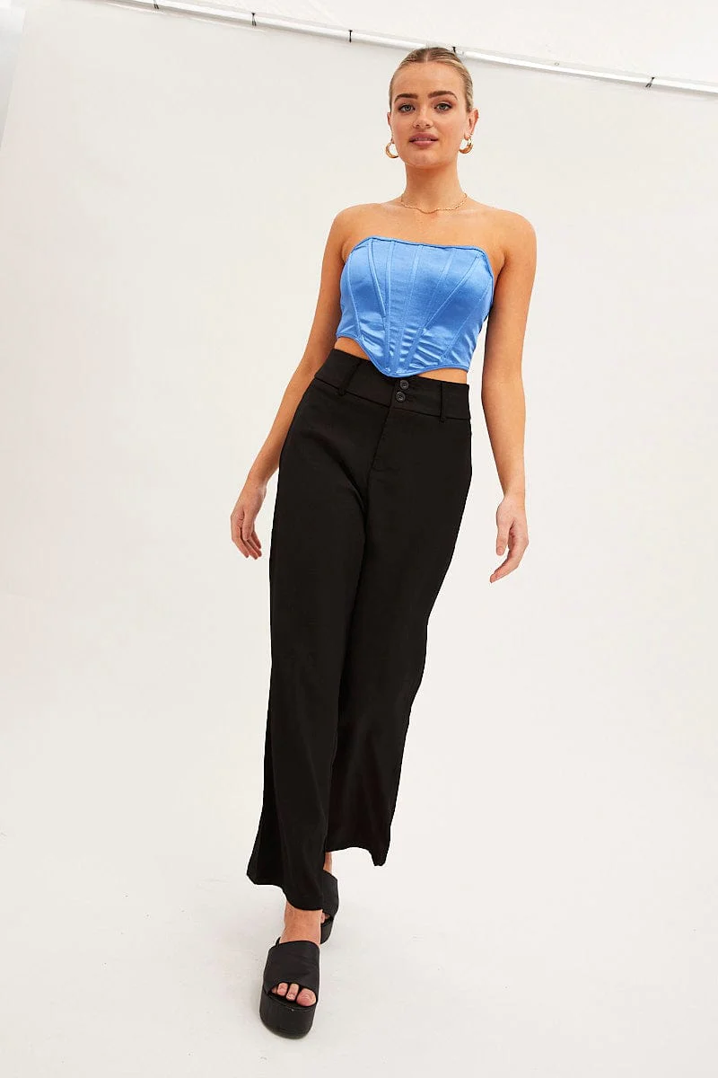 Blue Bandeau Sleeveless Strapless Stretch Satin