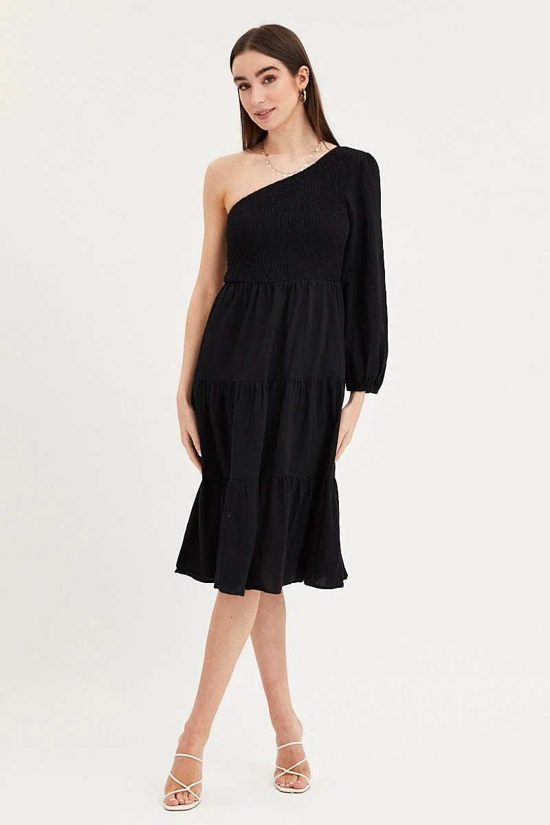 Black Dress One Shoulder Midi