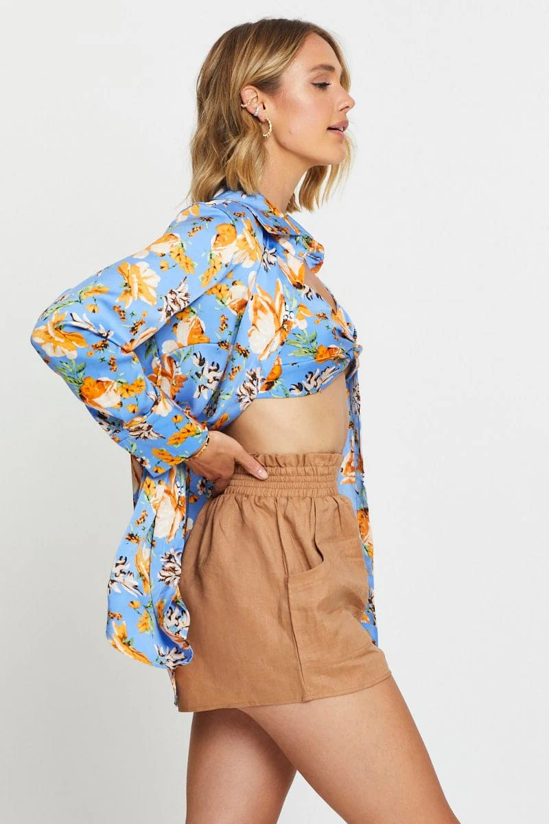 Print Crop Shirts Long Sleeve
