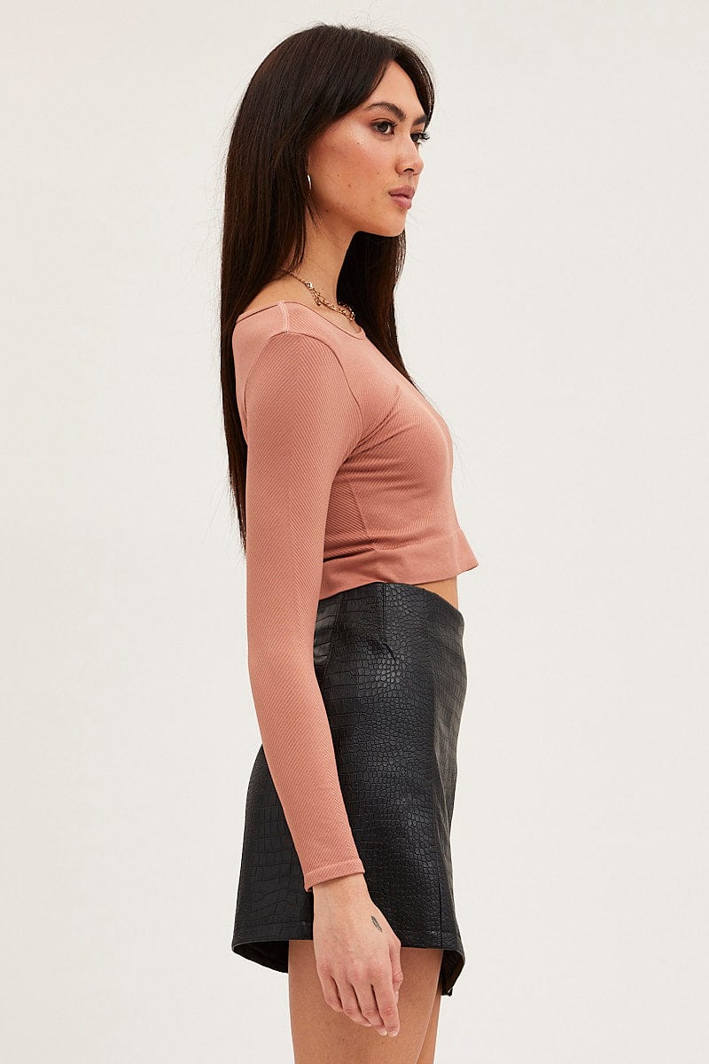 Brown Crop Top Long Sleeve Crew Neck