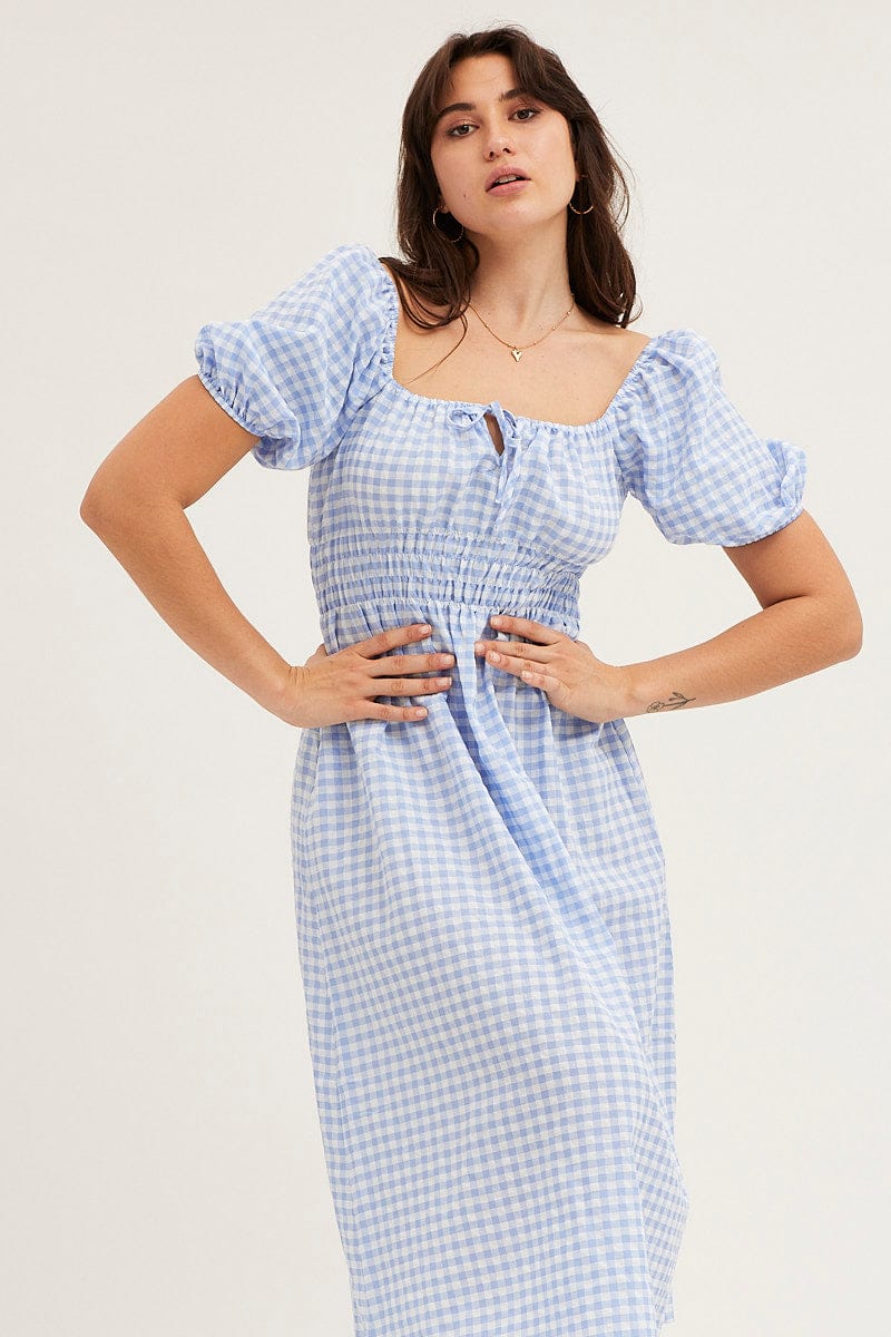 Check Dress Short Sleeve Midi Square Neck