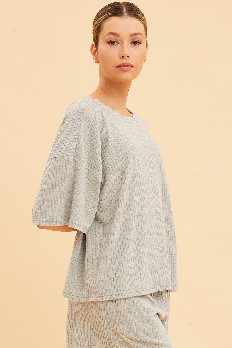 Grey Lounge T-Shirt Waffle Crew Neck Short Sleeve
