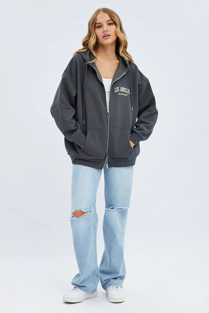 Grey Hoodie Zip Long Sleeve Embroidery