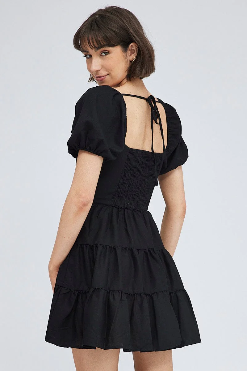 Black Fit And Flare Dress Puff Sleeve Mini