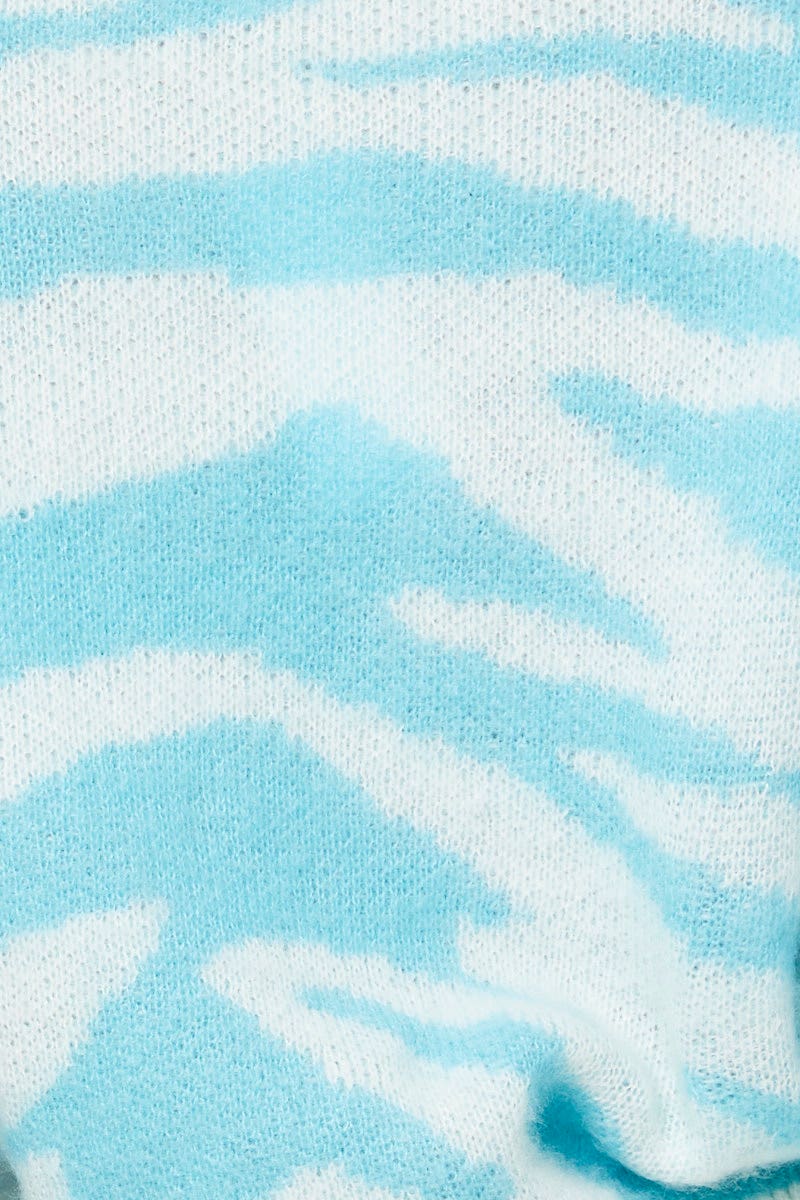 Blue Abstract Print Knit Top Long Sleeve Relaxed Round Neck