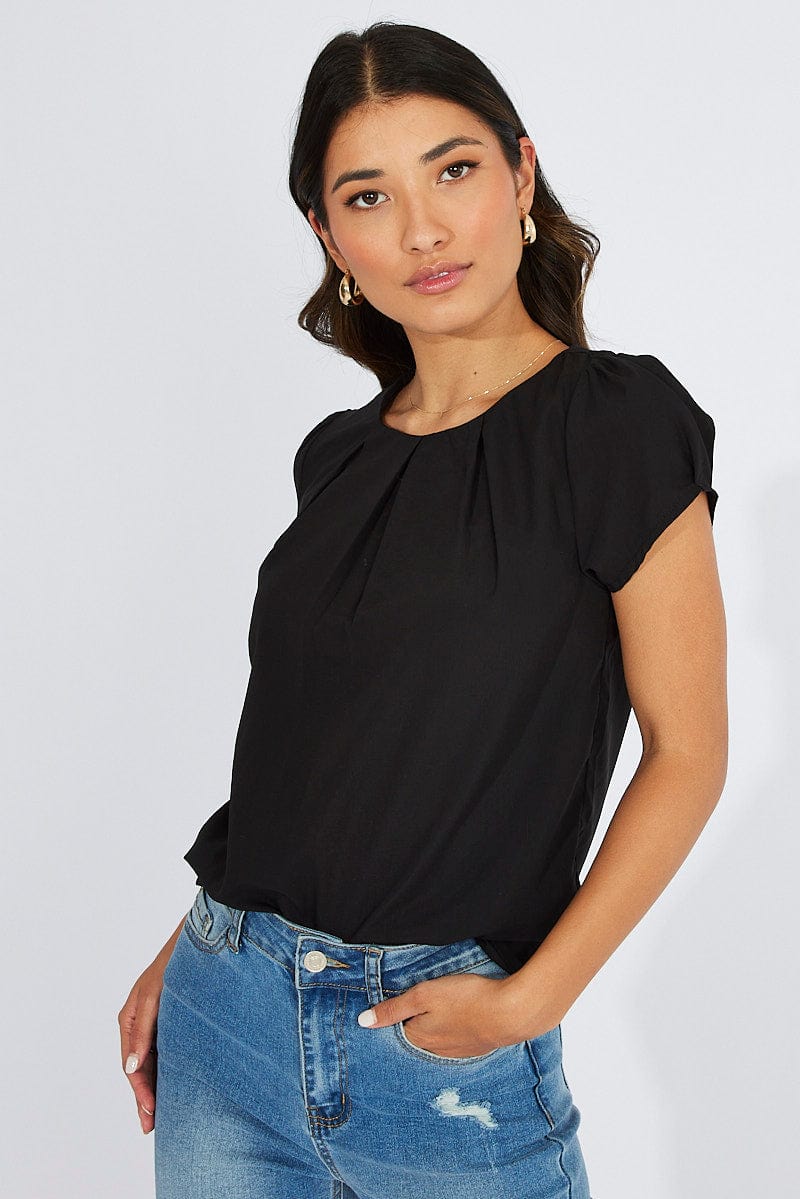 Black Top Cap Sleeve Pleat Detail Workwear