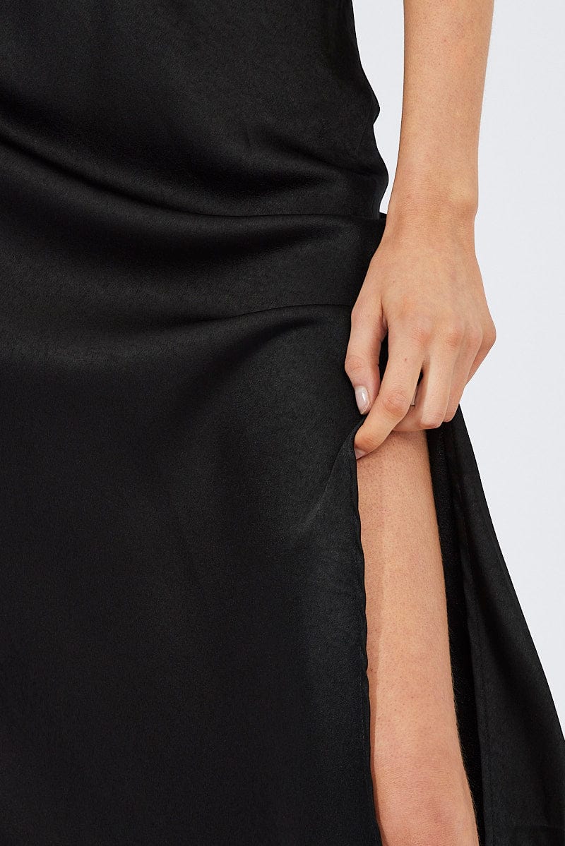 Black Slip Skirt Front Split Satin