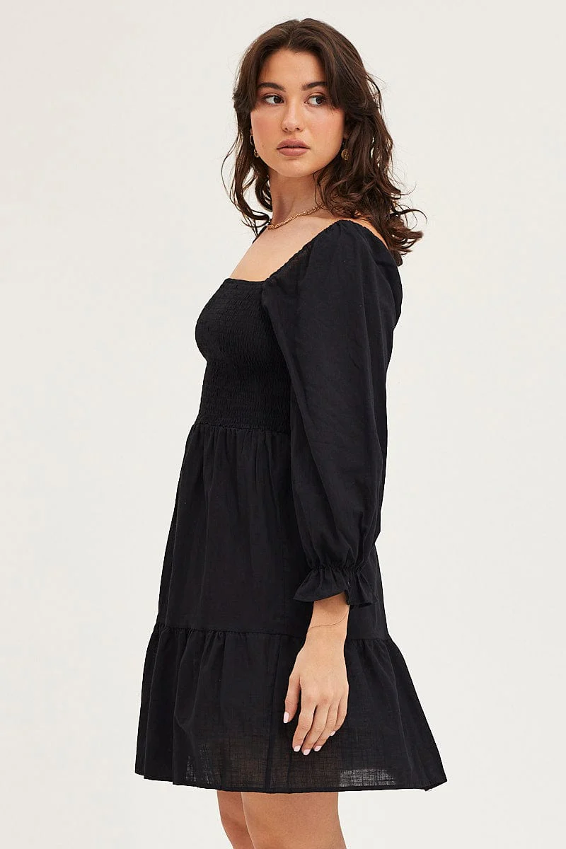 Black Skater Dress Puff Sleeve Mini