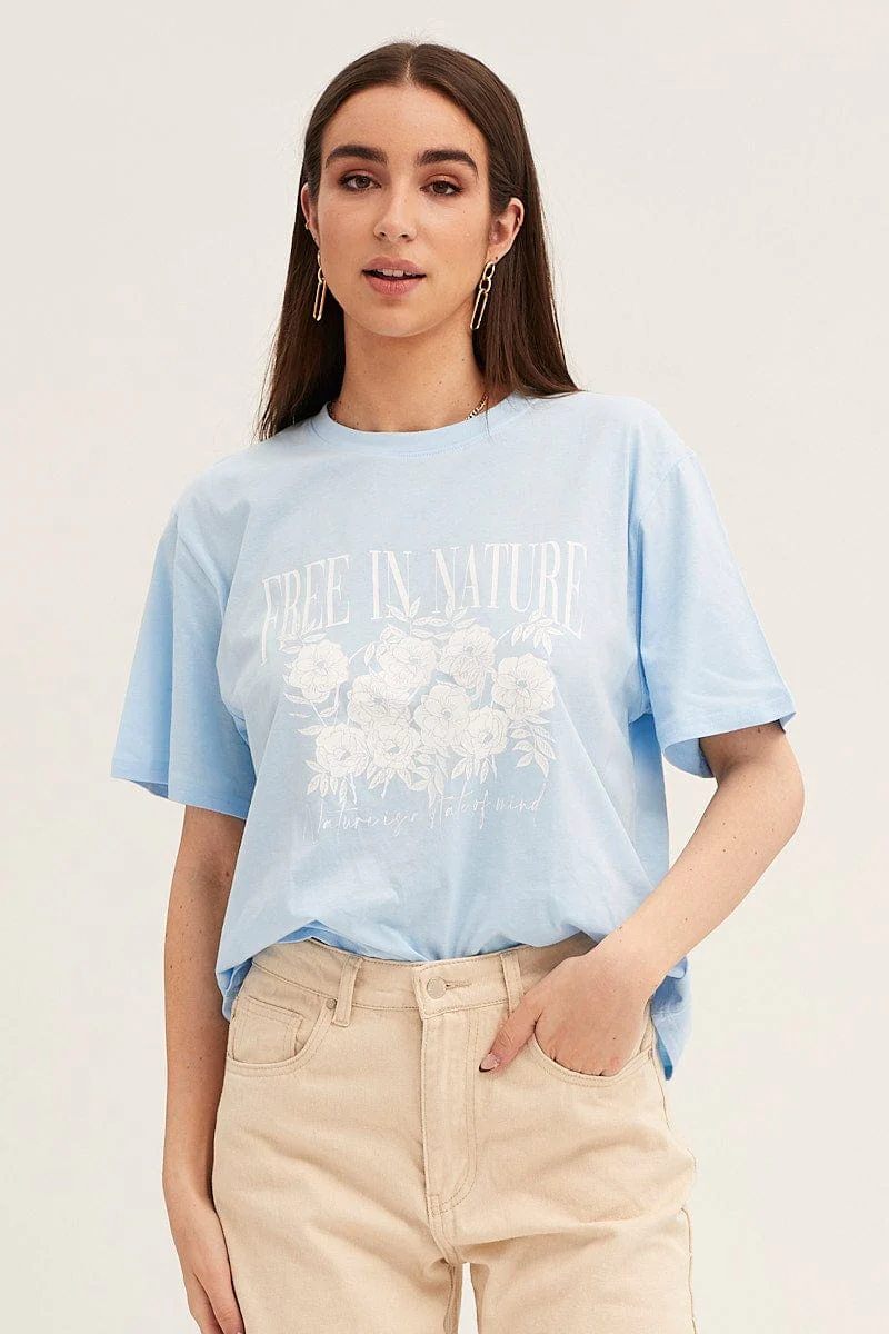 Blue Crew Neck Oversized Graphic T-Shirt