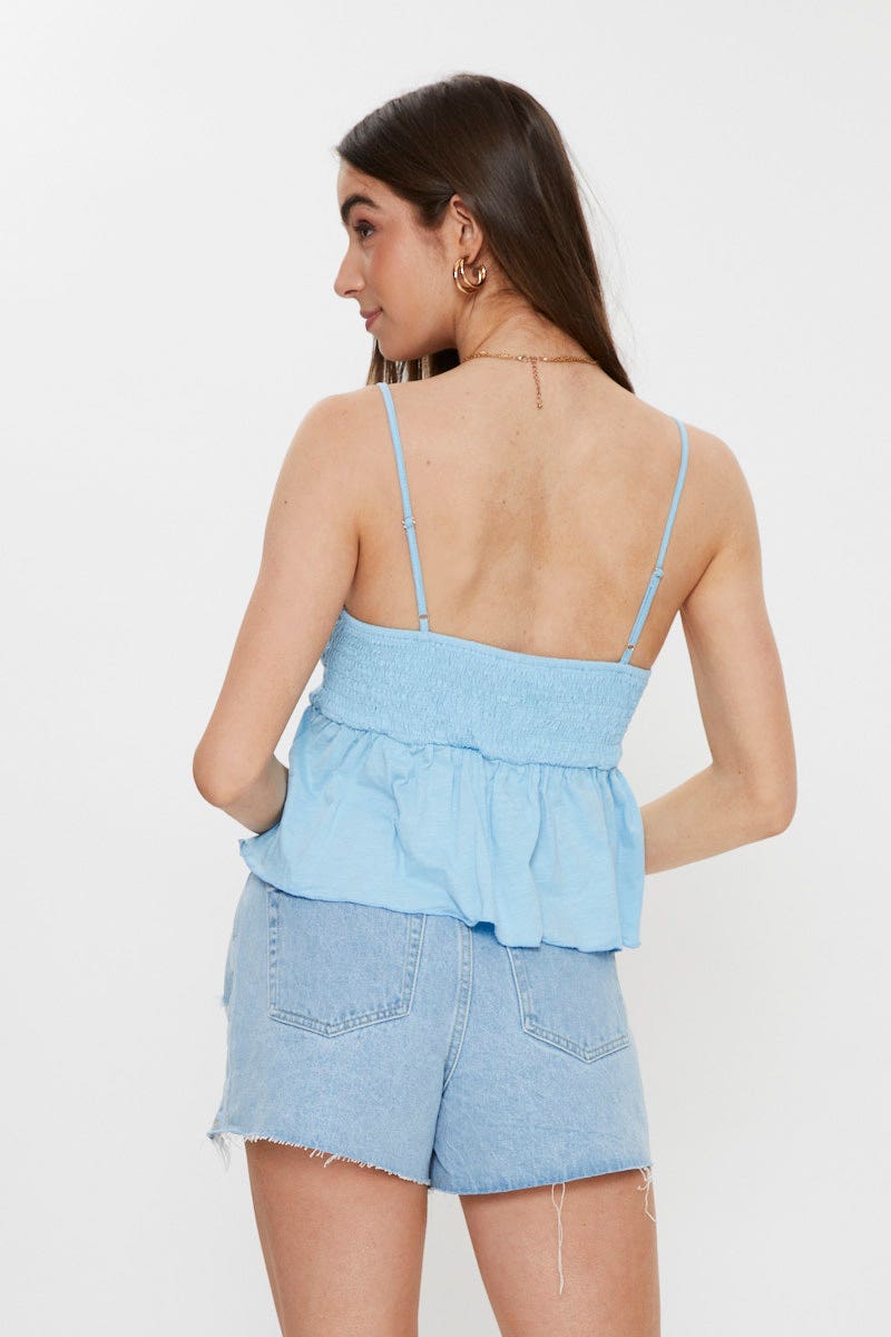 Blue Shirred Frill Hem Cami