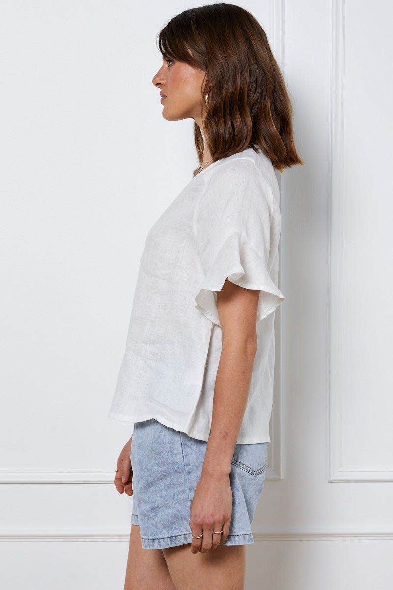 White Crop Top Short Sleeve Relaxed Linen