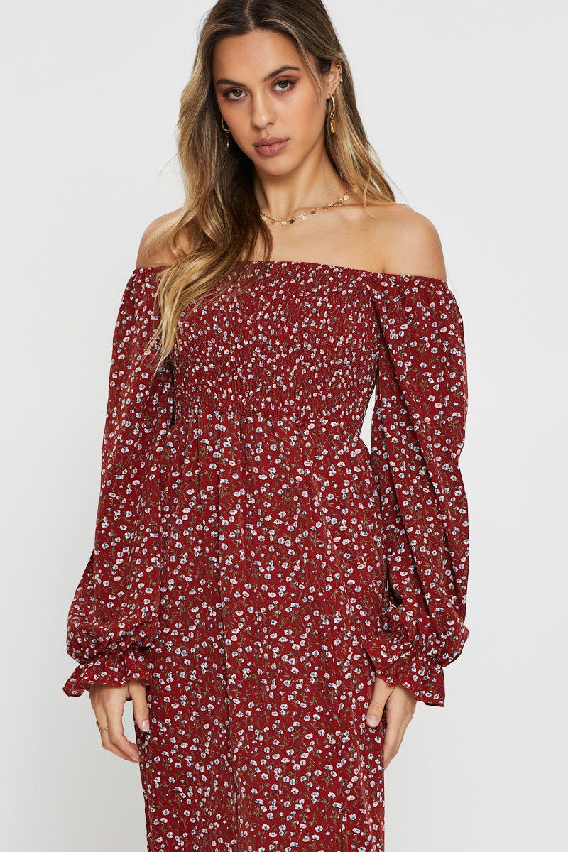 Print Midi Dress Off Shoulder