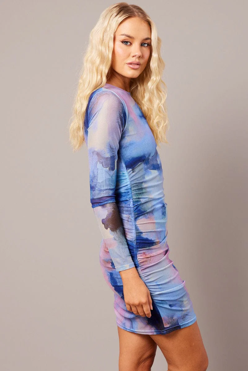 Multi Abstract Bodycon Dress Mini Mesh