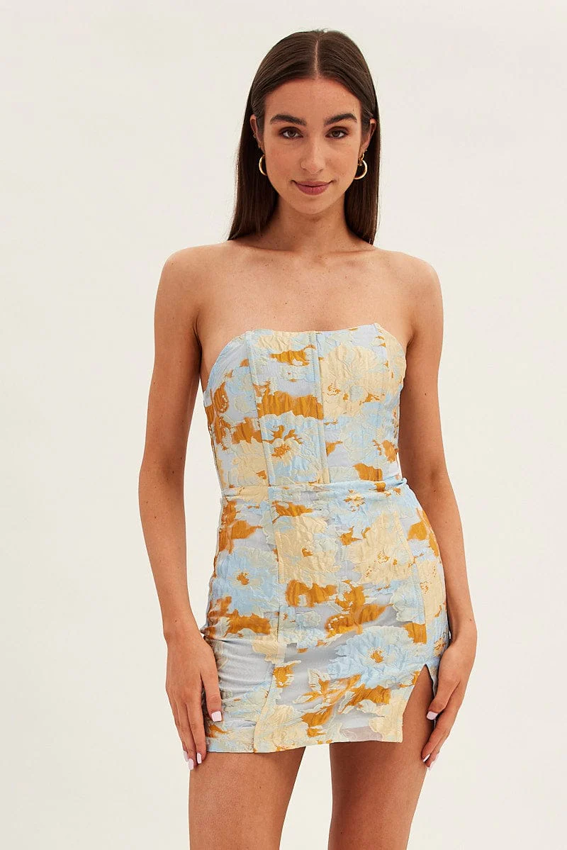 Blue Floral Mini Dress Strapless Bodycon