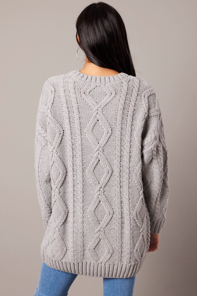 Grey Cable Knit Top Long Sleeve Longline