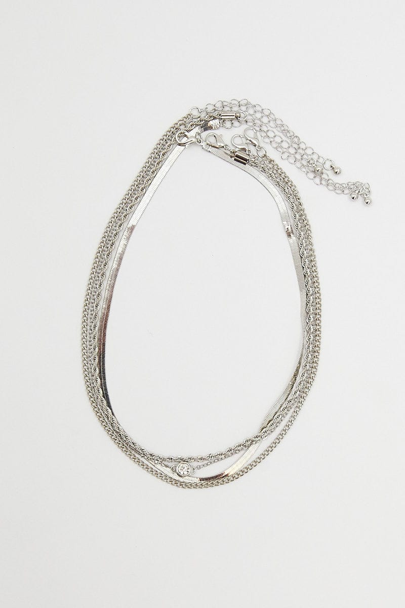 Silver 4Pcs Rhinestone Chain Necklace