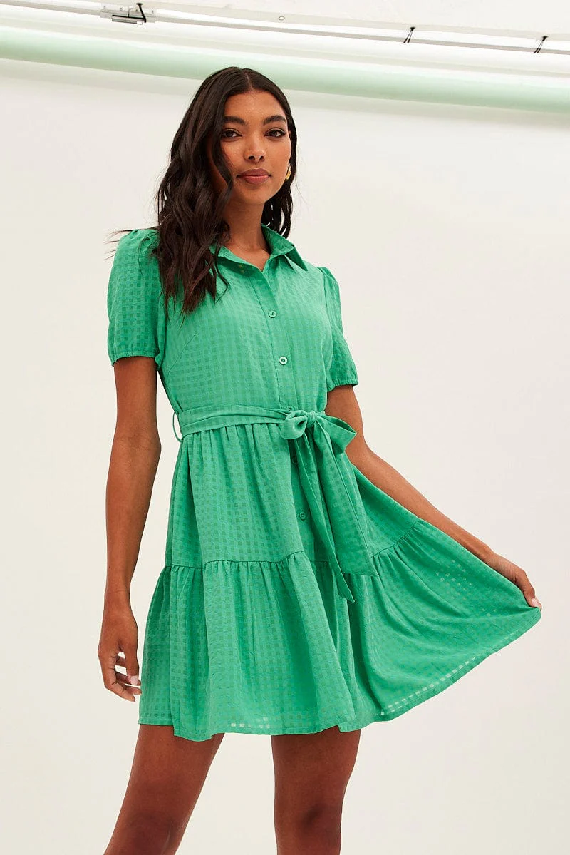 Green Tie Waist Puff Sleeve Mini Dress