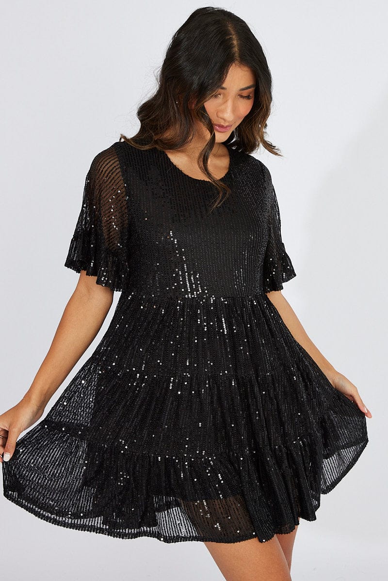 Black Smock Mini Dress Sequin Party