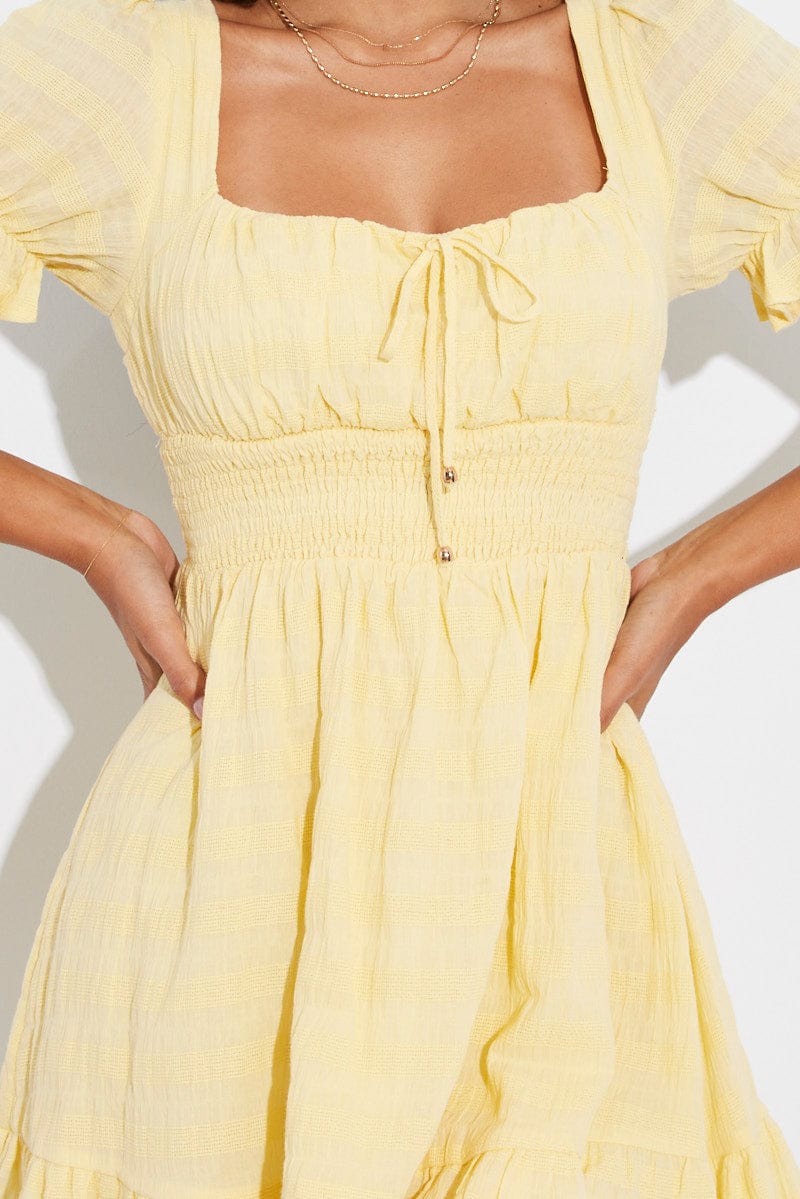Yellow Fit And Flare Dress Puff Sleeve