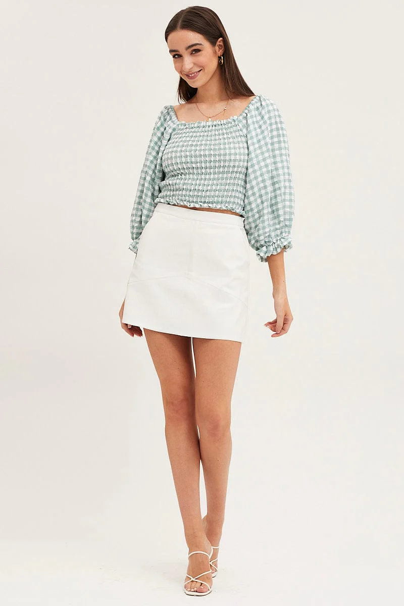 Check Shirred Top Three-Quarter Crop