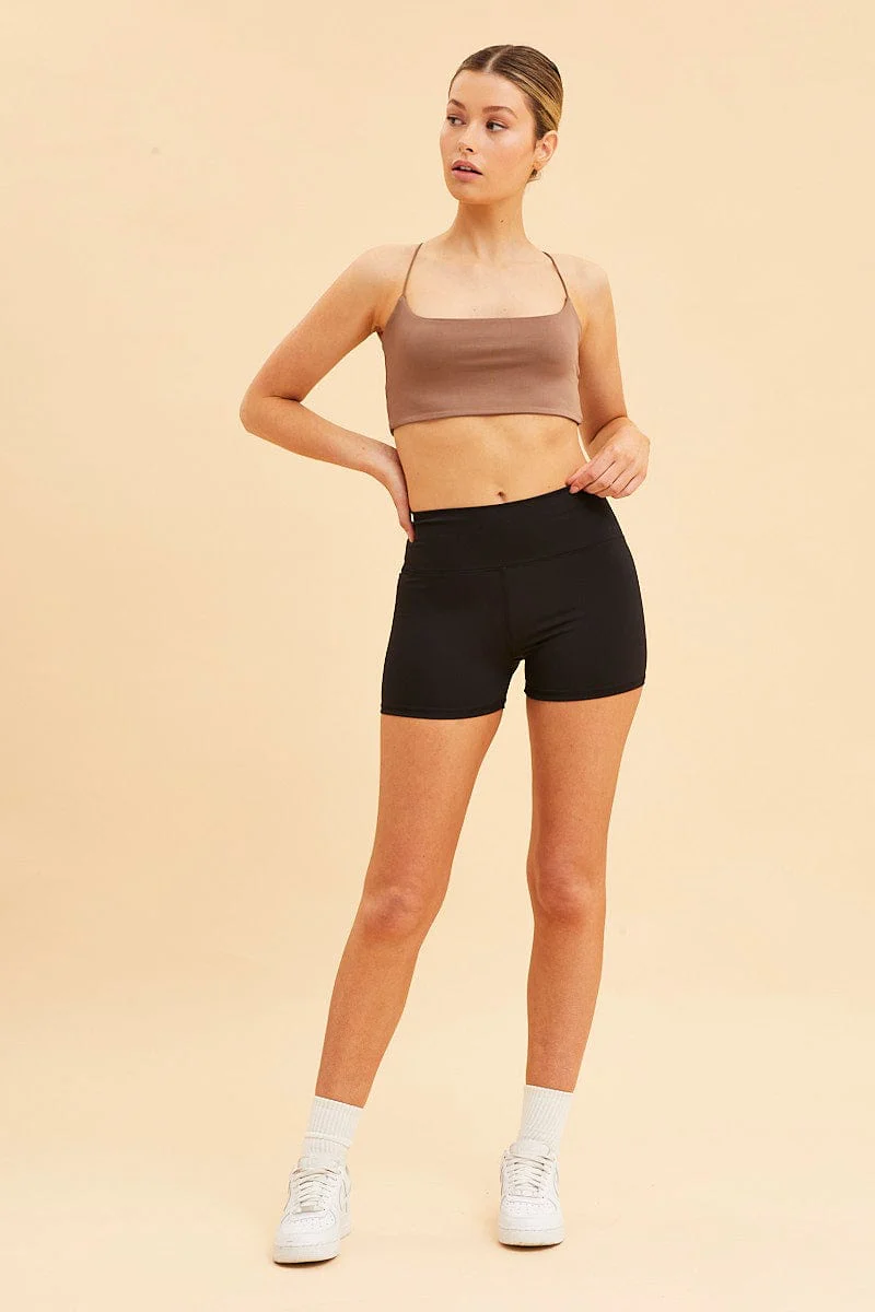 Brown Crop Cami Top Scoop Neck Sleeveless Thin Strap