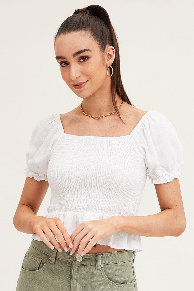 White Puff Sleeve Shirred Top