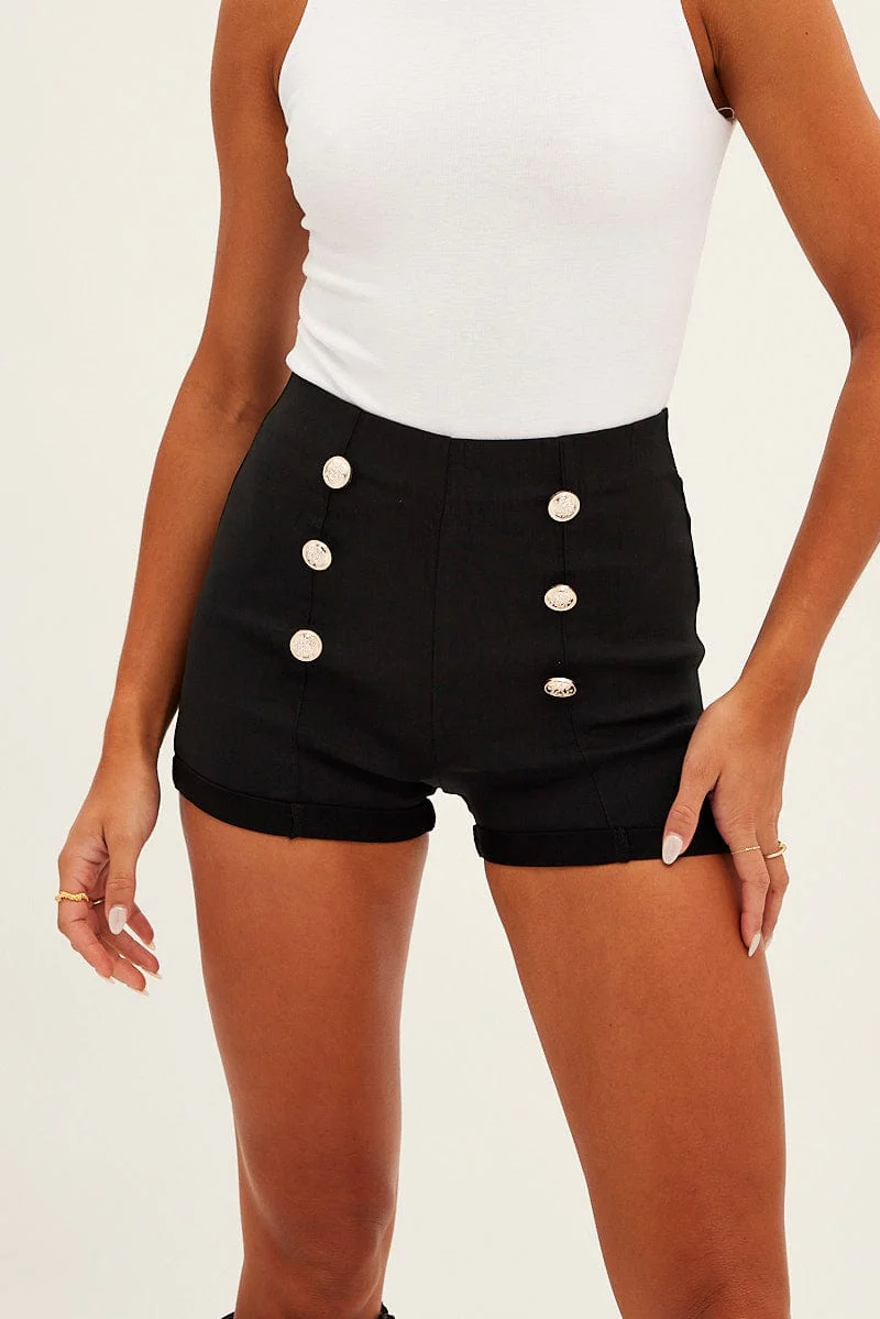 Black Shorts High Rise Button Through