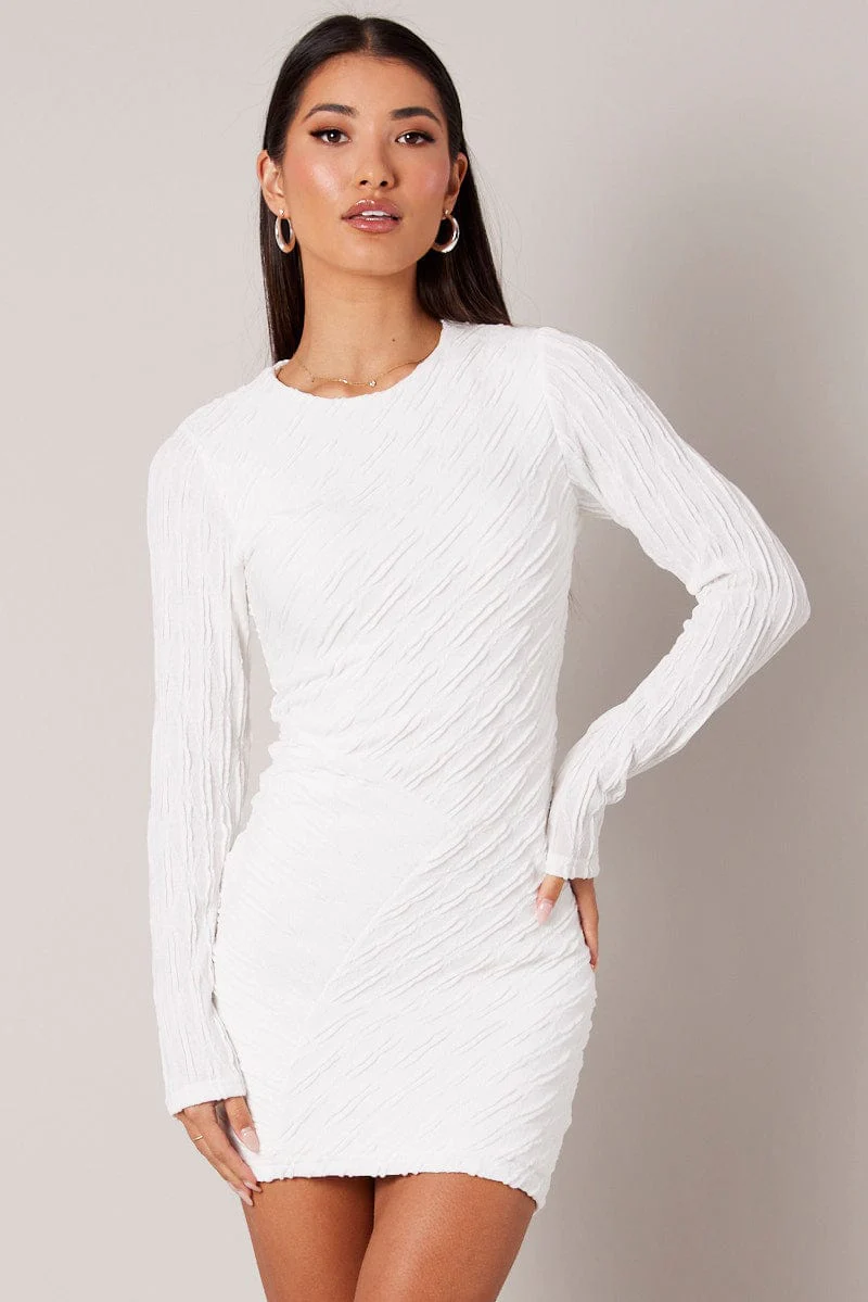 White Bodycon Dress Mini Long Sleeve Textured