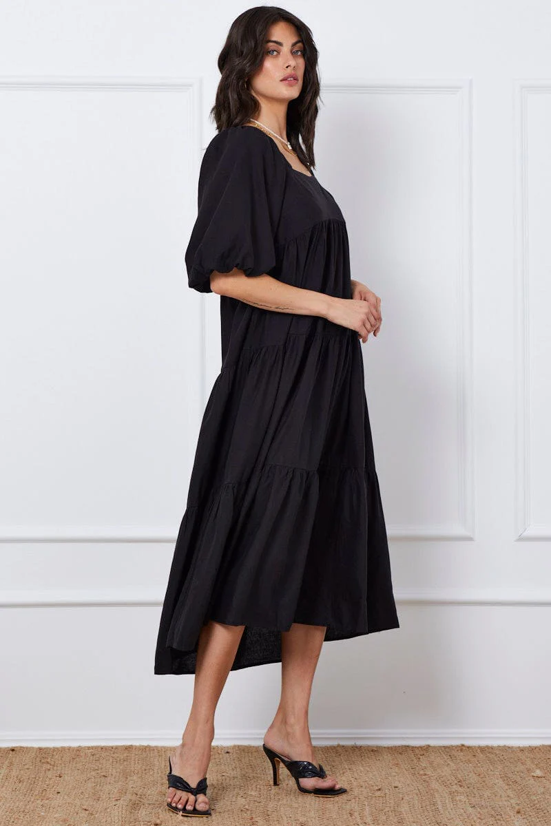 Black Midi Dress Short Sleeve Square Neck